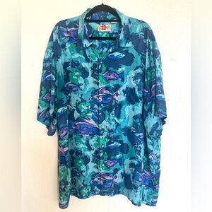 Men’s Silk Blue Fish Print Button-Up Shirt